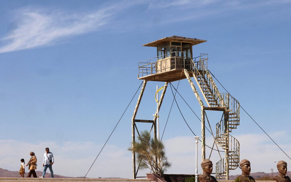 An Iranian watchtower stands overlooking over a section of the Aras river on the border with between Iran and Azerbaijan, on September 18, 2025, in Jolfa in northern Iran. (Atta Kenare/AFP)
