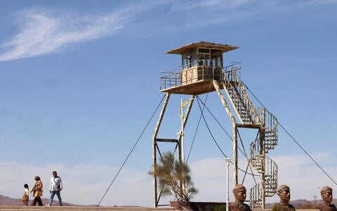 An Iranian watchtower stands overlooking over a section of the Aras river on the border with between Iran and Azerbaijan, on September 18, 2025, in Jolfa in northern Iran. (Atta Kenare/AFP)