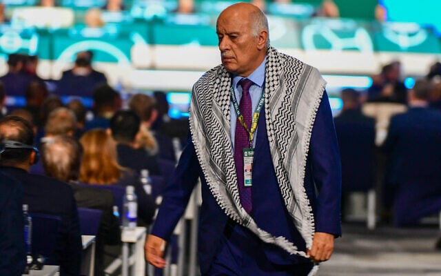President of the Palestine Football Association Jibril Rajoub is seen after speaking during the 76th FIFA Congress in Vancouver, Canada on April 30, 2026. (Don MacKinnon / AFP) President of the Palestine Football Association Jibril Rajoub is seen after speaking during the 76th FIFA Congress in Vancouver, Canada on April 30, 2026. (Don MacKinnon / AFP)