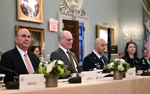 Ambassador to the US Yechiel Leiter (2nd left) attends a meeting between Israeli and Lebanese delegations hosted by the United States at the State Department in Washington, DC, on June 2, 2026. (Kent NISHIMURA / AFP)