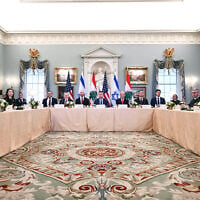 Yechiel Leiter (far L), Israeli Ambassador to the US, and Nada Hamadeh (far R), Lebanese ambassador to the US, attend a meeting hosted by the United States at the State Department in Washington, DC, on June 2, 2026. Leading the US delegation are Deputy National Security Adviser Mike Needham (C), State Department Chief of Staff Daniel Holler (L of Needham), and US Ambassador to Israel Mike Huckabee (L of Holler). (Kent NISHIMURA / AFP)