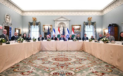 Yechiel Leiter (far L), Israeli Ambassador to the US, and Nada Hamadeh (far R), Lebanese ambassador to the US, attend a meeting hosted by the United States at the State Department in Washington, DC, on June 2, 2026. Leading the US delegation are Deputy National Security Adviser Mike Needham (C), State Department Chief of Staff Daniel Holler (L of Needham), and US Ambassador to Israel Mike Huckabee (L of Holler). (Kent NISHIMURA / AFP)