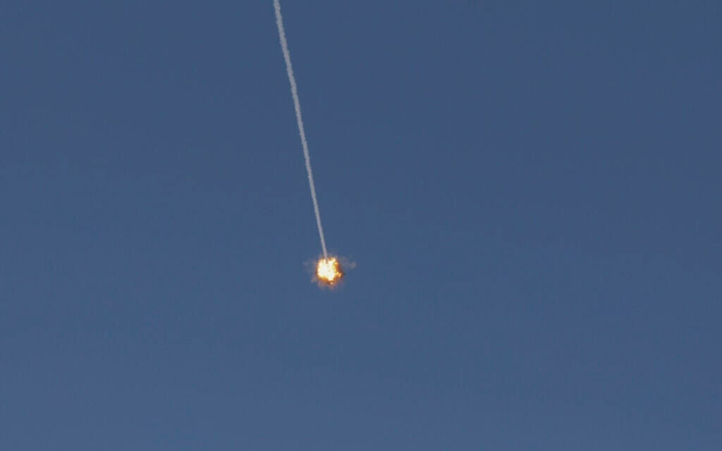 This picture taken from a position in the Upper Galilee region in northern Israel shows an Israeli Iron Dome missile streaking across the sky to intercept incoming projectiles on June 8, 2026 (Jalaa MAREY / AFP)