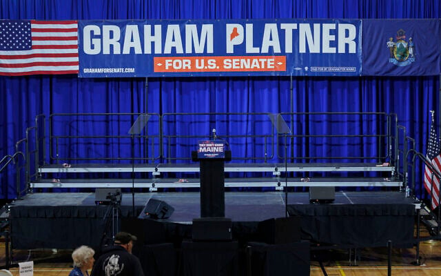 The empty stage awaits the arrival of Democratic US Senate candidate Graham Platner at his Democratic primary election event on June 9, 2026 in Blue Hill, Maine. (CJ Gunther/Getty Images/AFP)