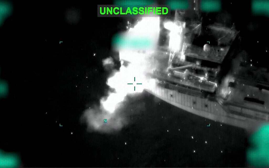 This screen grab made from a handout video recorded on June 10, 2026, and released by US Central Command on June 11, 2026, shows what the US military says is a strike by US forces targeting and disabling the Guinea-Bissau flagged tanker M/T Jalveer as it allegedly attempted to evade a US counter-blockade of Iranian ports. (US Central Command Public Affairs / AFP)