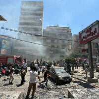 The aftermath of an Israeli airstrike that targeted Hezbollah at a building in Beirut's southern suburbs on June 14, 2026 (Ibrahim AMRO / AFP)