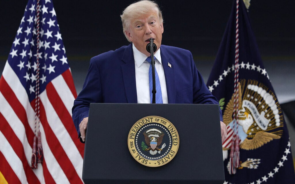 US President Donald Trump delivers remarks after touring the newest aircraft in the presidential fleet at Andrews Air Force Base on June 19, 2026 at Joint Base Andrews, Maryland (ALEX WONG/Getty Images via AFP)