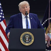 US President Donald Trump delivers remarks after touring the newest aircraft in the presidential fleet on June 19, 2026 at Joint Base Andrews, Maryland (ALEX WONG/Getty Images via AFP)