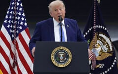 US President Donald Trump delivers remarks after touring the newest aircraft in the presidential fleet at Andrews Air Force Base on June 19, 2026 at Joint Base Andrews, Maryland (ALEX WONG/Getty Images via AFP)