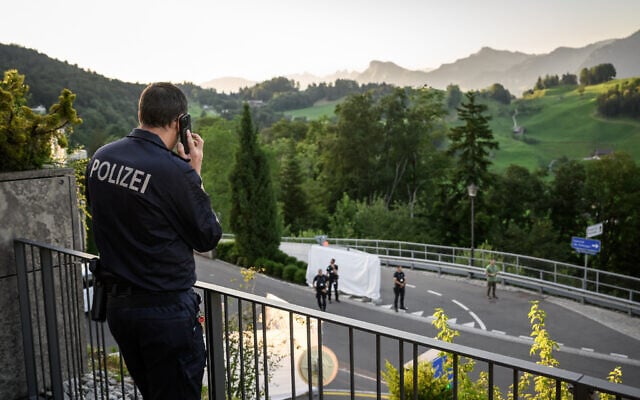 Police officers secure the Burgenstock luxury hotel complex overlooking Lake Lucerne, Switzerland, on June 21, 2026, ahead of high-level talks aimed at advancing a deal to end the Middle East conflict. (Fabrice COFFRINI / AFP)