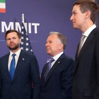 US Vice President JD Vance (L) waits, alongside US President Donald Trump's special envoy Steve Witkoff (C) and Jared Kushner, to meet with Pakistan's Prime Minister Shehbaz Sharif (not seen), at the Burgenstock luxury hotel complex overlooking Lake Lucerne, Switzerland, on June 21, 2026. (Nathan Howard / POOL / AFP)