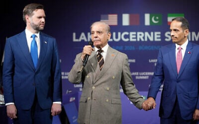Pakistan's Prime Minister Shehbaz Sharif (C) speaks next to US Vice President JD Vance (L) and Qatar's Prime Minister and Minister for Foreign Affairs Sheikh Mohammed bin Abdulrahman bin Jassim Al-Thani during a quadrilateral meeting between the United States, Iran, Pakistan and Qatar at the Burgenstock luxury hotel complex overlooking Lake Lucerne, Switzerland, on June 21, 2026. (Nathan Howard / POOL / AFP)