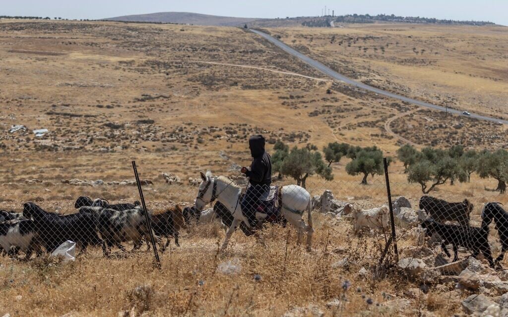An Israeli settler rides his donkey near a Bedouin community in the West Bank, east of Ramallah, on June 22, 2026. (Ilia YEFIMOVICH / AFP)