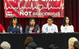 California Assembly member  Jasmeet Bains, California Senator Melissa Hurtado, Visalia Unified School District Trustee Randy Villegas, and Bakersfield Vice Mayor Manpreet Kaur speak at a town hall organized by California Nurses Association/National Nurses United, in Bakersfield, California, August 14. (Jeff Lewis/AP Content Services for National Nurses United)