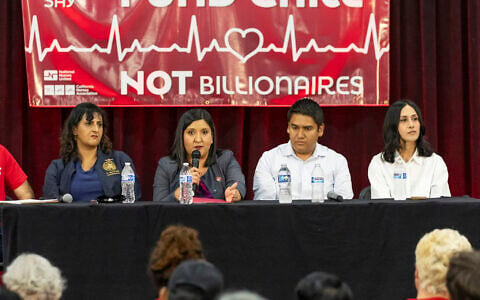 California Assembly member  Jasmeet Bains, California Senator Melissa Hurtado, Visalia Unified School District Trustee Randy Villegas, and Bakersfield Vice Mayor Manpreet Kaur speak at a town hall organized by California Nurses Association/National Nurses United, in Bakersfield, California, August 14. (Jeff Lewis/AP Content Services for National Nurses United)