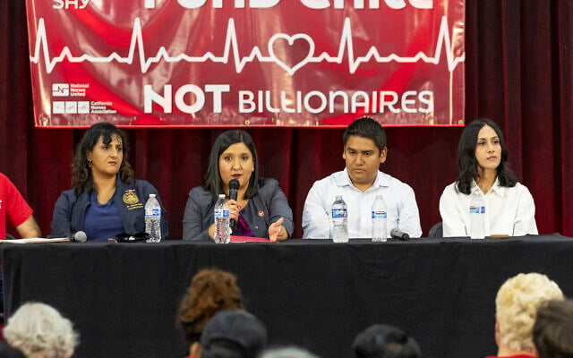 California Assembly member Jasmeet Bains, California Senator Melissa Hurtado, Visalia Unified School District Trustee Randy Villegas, and Bakersfield Vice Mayor Manpreet Kaur speak at a town hall organized by California Nurses Association/National Nurses United, in Bakersfield, California, August 14. (Jeff Lewis/AP Content Services for National Nurses United) California Assembly member Jasmeet Bains, California Senator Melissa Hurtado, Visalia Unified School District Trustee Randy Villegas, and Bakersfield Vice Mayor Manpreet Kaur speak at a town hall organized by California Nurses Association/National Nurses United, in Bakersfield, California, August 14. (Jeff Lewis/AP Content Services for National Nurses United)