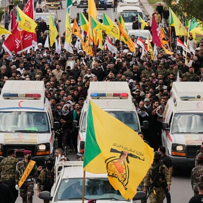Members of an Iraqi Shiite group attend a funeral of a Kataeb Hezbollah fighter, who was killed in a US airstrike in Basra province south of Baghdad, Iraq, on April 8, 2026. (AP Photo/Hadi Mizban) Members of an Iraqi Shiite group attend a funeral of a Kataeb Hezbollah fighter, who was killed in a US airstrike in Basra province south of Baghdad, Iraq, on April 8, 2026. (AP Photo/Hadi Mizban)