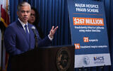 California Attorney General Rob Bonta announces the dismantling of a major hospice fraud scheme that defrauded the state of $267 million in Los Angeles April 9, 2026. (AP Photo/Damian Dovarganes)