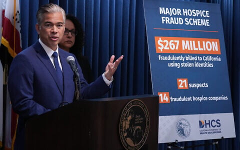 California Attorney General Rob Bonta announces the dismantling of a major hospice fraud scheme that defrauded the state of $267 million in Los Angeles April 9, 2026. (AP Photo/Damian Dovarganes)