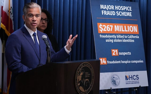 California Attorney General Rob Bonta announces the dismantling of a major hospice fraud scheme that defrauded the state of $267 million in Los Angeles April 9, 2026. (AP Photo/Damian Dovarganes) California Attorney General Rob Bonta announces the dismantling of a major hospice fraud scheme that defrauded the state of $267 million in Los Angeles April 9, 2026. (AP Photo/Damian Dovarganes)