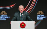 Turkey's President Recep Tayyip Erdogan gives a speech during the Antalya Diplomacy Forum, in Antalya, southern Turkey, April 17, 2026. (Riza Ozel/AP)