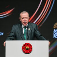 Turkey's President Recep Tayyip Erdogan gives a speech during the Antalya Diplomacy Forum, in Antalya, southern Turkey, April 17, 2026. (Riza Ozel/AP)