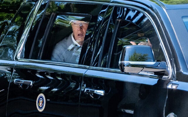 US President Donald Trump looks out the window of his limousine at the construction in Lafayette Park as he departs the White House, Saturday, May 30, 2026, in Washington. (AP Photo/Alex Brandon)