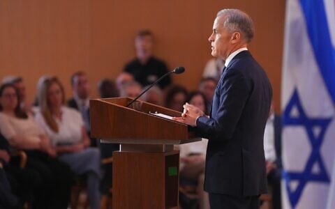 Canadian Prime Minister Mark Carney delivers remarks at Holy Blossom Temple synagogue in Toronto on Monday, June 1, 2026. (Chris Young/The Canadian Press via AP)
