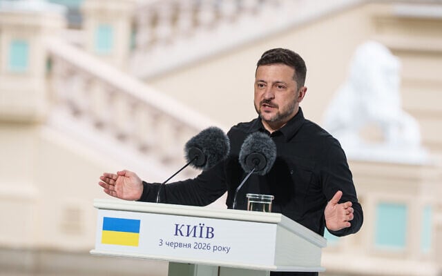 Ukraine's President Volodymyr Zelenskyy speaks to journalists during a joint press conference with NATO Secretary General Mark Rutte in Kyiv, Ukraine, on June 3, 2026. (AP/Evgeniy Maloletka)