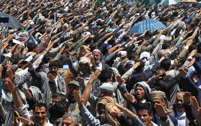 Houthis chant religious slogans as they celebrate Eid al-Ghadir, the day on which they believe Islam was completed as a religion by the appointment of Ali as Prophet Muhammad's successor, in Sanaa, Yemen, June 4, 2026. (AP/Osamah Abdulrahman)