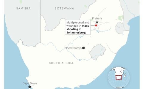 Map showing a mass shooting in Johannesburg, South Africa, June 9, 2026. (AP Digital Embed)