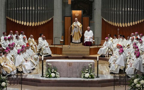 Pope Leo XIV, center, celebrates a mass in the Basilica of the Sagrada Familia in Barcelona, Spain, June 10, 2026 (AP Photo/Alessandra Tarantino)