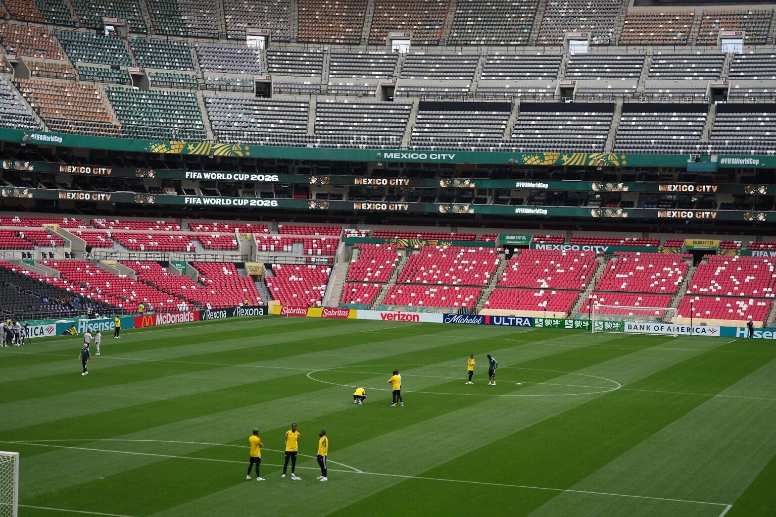 Playes of South Africa visit the stadium in Mexico City, June 10, 2026, a day before their opening FIFA World Cup match against Mexico. (Eduardo Verdugo/AP)