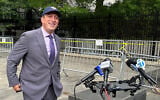 Democrat Brad Lander approaches microphones outside a federal court in New York on June 11, 2026. (AP Photo/Larry Neumeister)
