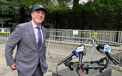 Democrat Brad Lander approaches microphones outside a federal court in New York on June 11, 2026. (AP Photo/Larry Neumeister)