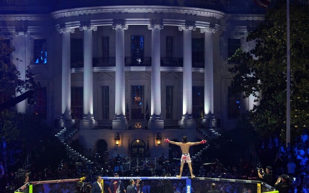 Diego Lopes celebrates during a featherweight bout against Steve Garcia during UFC Freedom 250 on the South Lawn of the White House, June 14, 2026, in Washington. (AP Photo/Mark Schiefelbein)