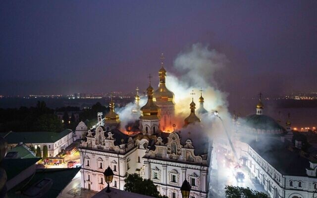 Rescue workers try to put out a fire at the Dormition Cathedral of thousand-year-old Monastery of Caves, also known as Kyiv-Pechersk Lavra, following a Russian strike on Kyiv, Ukraine, June 15, 2026. (AP Photo/Evgeniy Maloletka) Rescue workers try to put out a fire at the Dormition Cathedral of thousand-year-old Monastery of Caves, also known as Kyiv-Pechersk Lavra, following a Russian strike on Kyiv, Ukraine, June 15, 2026. (AP Photo/Evgeniy Maloletka)