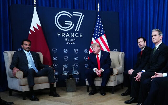 US President Donald Trump meets with Qatar's Emir Sheikh Tamim bin Hamad Al Thani during a bilateral meeting on the sidelines of the G7 summit,, June 16, 2026, in Evian-les-Bains, France. (AP/Julia Demaree Nikhinson)