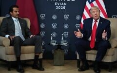 US President Donald Trump, right, meets with Qatar's Emir Sheikh Tamim bin Hamad Al Thani during a bilateral meeting on the sidelines of the G7 summit, June 16, 2026, in Evian-les-Bains, France. (AP/Julia Demaree Nikhinson)