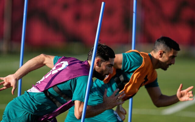 Iran's Alireza Jahanbakhsh, left, and teammate Ehsan Hajisafi participate in a training session ahead of their team's World Cup Group G soccer match against Belgium, June 16, 2026, in Tijuana, Mexico. (AP/Gregory Bull) Iran's Alireza Jahanbakhsh, left, and teammate Ehsan Hajisafi participate in a training session ahead of their team's World Cup Group G soccer match against Belgium, June 16, 2026, in Tijuana, Mexico. (AP/Gregory Bull)