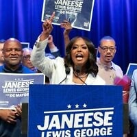 DC Council member Janeese Lewis George speaks to the crowd during an election night party at the Howard Theatre, June 16, 2026, in Washington. (AP Photo/Jose Luis Magana)