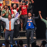 Democratic congressional candidates, Claire Valdez Brad Lander, and Darializa Avila Chevalier gesture on stage with Mayor Zohran Mamdani during a Get Out The Vote rally ahead of New York's primary election in New York City, June 18, 2026. (AP Photo/Ryan Murphy)