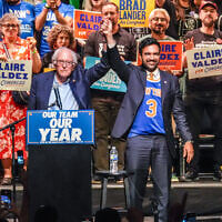 New York City Mayor Zohran Mamdani, right, gestures on stage with Sen. Bernie Sanders during a Get Out The Vote rally ahead of New York's primary election, June 18, 2026, in the Brooklyn borough of New York. (AP/Ryan Murphy)