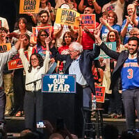 From left, Democratic congressional candidates Brad Lander, Claire Valdez, Sen. Bernie Sanders, New York City Mayor Zohran Mamdani and candidate Darializa Avila Chevalier on stage during a rally ahead of New York's primary election, June 18, 2026, in Brooklyn. (AP Photo/Ryan Murphy)