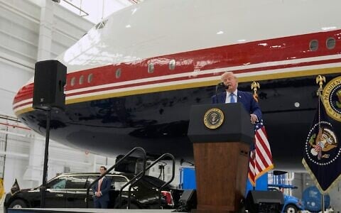 US President Donald Trump speaks after touring the newly designated Air Force One presidential aircraft at Joint Base Andrews, Maryland, June 19, 2026. (AP Photo/Manuel Balce Ceneta)