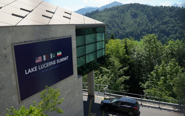 A sign for the Lake Lucerne Summit at the Bürgenstock during a meeting between US Vice President JD Vance and Pakistan's Prime Minister Shehbaz Sharif for high-level talks aimed at advancing a deal to end the Middle East conflict, in Obbuergen, Switzerland, June 21, 2026. (Nathan Howard/Pool Photo via AP) A sign for the Lake Lucerne Summit at the Bürgenstock during a meeting between US Vice President JD Vance and Pakistan's Prime Minister Shehbaz Sharif for high-level talks aimed at advancing a deal to end the Middle East conflict, in Obbuergen, Switzerland, June 21, 2026. (Nathan Howard/Pool Photo via AP)