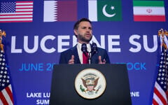Vice President JD Vance speaks to the media after the US and Iran held high-level talks at the Bürgenstock Resort in Obbuergen, near Lucerne, in Switzerland, June 22, 2026. (Nathan Howard/Pool Photo via AP)