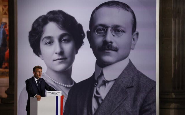 French President Emmanuel Macron delivers a speech during the the induction ceremony at the Pantheon for late French historian and resistance fighter Marc Bloch and his wife Simonne Vidal, in Paris, France, June 23, 2026. (Alice Sacco/Pool Photo via AP)