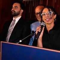 Democratic congressional candidate Darializa Avila Chevalier speaks to her supporters during an election night watch party, June 23, 2026, in New York. (AP Photo/Seth Wenig)