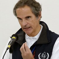 International Atomic Energy Agency Director General Rafael Grossi speaks during a news conference at Fukushima Daiichi nuclear power plant in Okuma, Japan, June 24, 2026. (Kyodo News via AP)